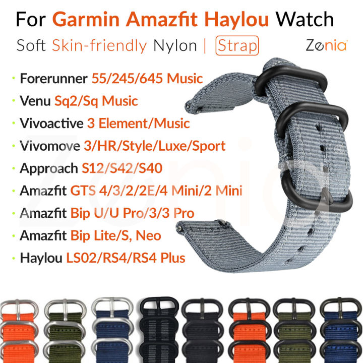 zenia-20มม-ผิวนุ่มนาฬิกาไนลอนสายสำหรับการ์มินสำหรับ-garmin-forerunner-55-645-245-music-vivomove-style-luxe-hr-sport-approach-s12-s40-s42-vivoactive-3-element-venu-sq-sq2-d2-air-x10-amazfit-bip-neo-lit