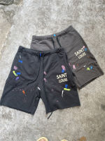 สไตล์ใหม่ที่มีคุณภาพสูง หมึกพิมพ์ลายจุดสีชมพู Saint Louis Logo Shorts Men Women Graffiti Drawstring Washed Shorts