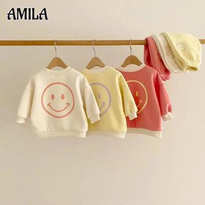 AMILA ชุดเสื้อกันหนาวลำลองสองชิ้นสำหรับเด็ก,ฉบับภาษาเกาหลีลายการ์ตูนกางเกงขายาวปิดใบหน้ายิ้ม