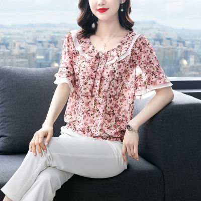 ผู้หญิงดอกไม้เสื้อชีฟอง2023สไตล์เกาหลีแบบใหม่หลวมเสื้อสวมศีรษะฤดูร้อนสั้นเสื้อผู้หญิง