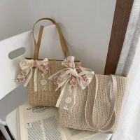 【jw】₪  Woven Shoulder Color Tote Handbags Wicker Boho for Beach Handle