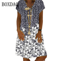 Oversized Women Dress Fashion Short Sleeve Floral Print Loose Knee-Length Dress Summer 2023 New Ladies V-neck Sundress Vestidos