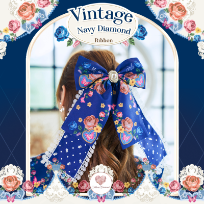 Vintage Navy Diamond Ribbon โบว์พิมพ์ลายแต่งลูกไม้โทนสีกรมสุดน่ารัก ลายสวย โดดเด่น สี Limited