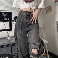 【CW】Autumn And Winter Women Bottoms Black Vintage Fashion High Waist Jeans Ripped Baggy Wide Leg Pants Street Straight Denim Trouser