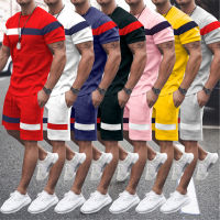 （Ready Stock）? 22 Summer Short-Sleeved Mens Sports Leisure Side Stripe Round Neck Suit Mens Fitness T-Shirt Shorts YY