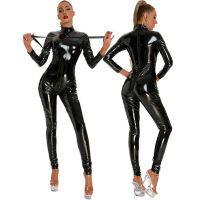 เร้าอารมณ์เซ็กซี่ Crotchless Wetlook Latex บอดี้สูทซิปคู่ Jumpsuits สำหรับผู้หญิงแขนยาวเปิด Crotch หนัง Catsuit Lingerie