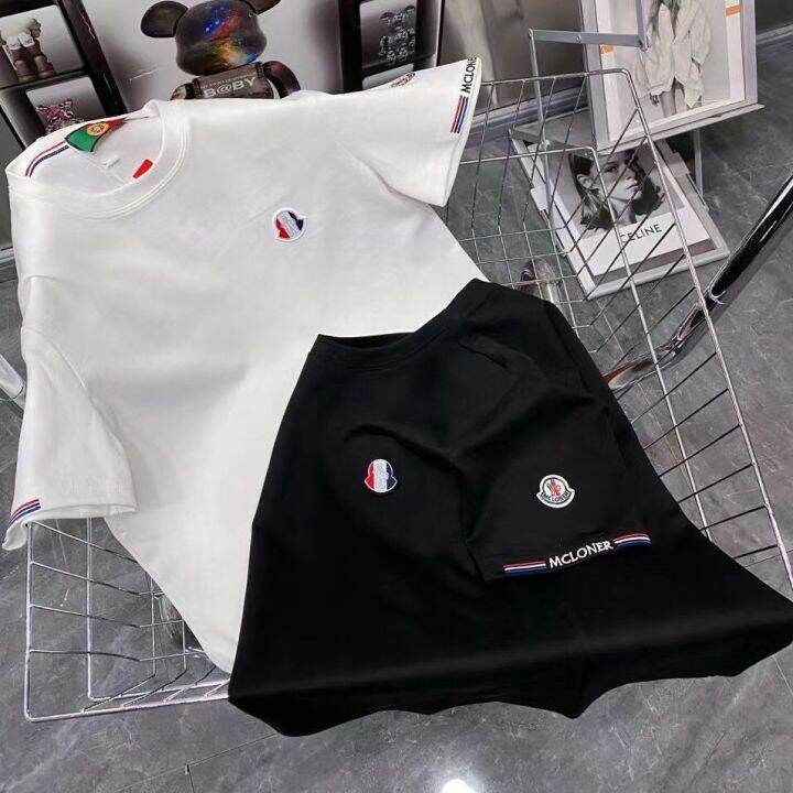 เสื้อเชิ้ตแขนสั้นปักตราสัญลักษณ์ขนาดเล็กลายฤดูใบไม้ร่วงและฤดูหนาวแบบหนา-เสื้อยืดแขนสั้นแขนสั้นแบบลำลองเสื้อครึ่งแขนแขนสั้นคอกลม