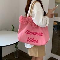 กระเป๋าผ้าสะพายไหล่ รุ่น Vi909 Tote Bag ผ้าใบทอ ปักลายSummer Viber หูจับหนังสาน (2สี ครีม/ชมพู)