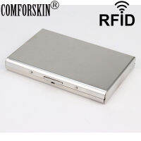 COMFORSKIN กระเป๋าใส่บัตรเครดิตที่มีคุณภาพสูงสแตนเลส RFID ปิดกั้นบางกระเป๋าสตางค์ที่ยึดกรอบโลหะผู้ชายเคสนามบัตร