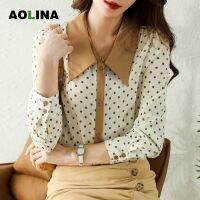 AOLINA ฤดูใบไม้ร่วงใหม่ Polka Dot ชีฟองสุภาพสตรีออกแบบเสื้อลดอายุจำนวนน้อยเสื้อคอปกตุ๊กตาเสื้อสไตล์ตะวันตก