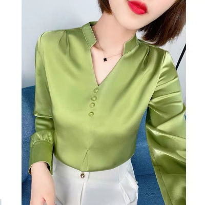 Elegant Fashion Office Lady Satin Shirt Women Clothing 2022 Spring New Commuter Casual Long Sleeve Loose V-Neck Pullover Blouse