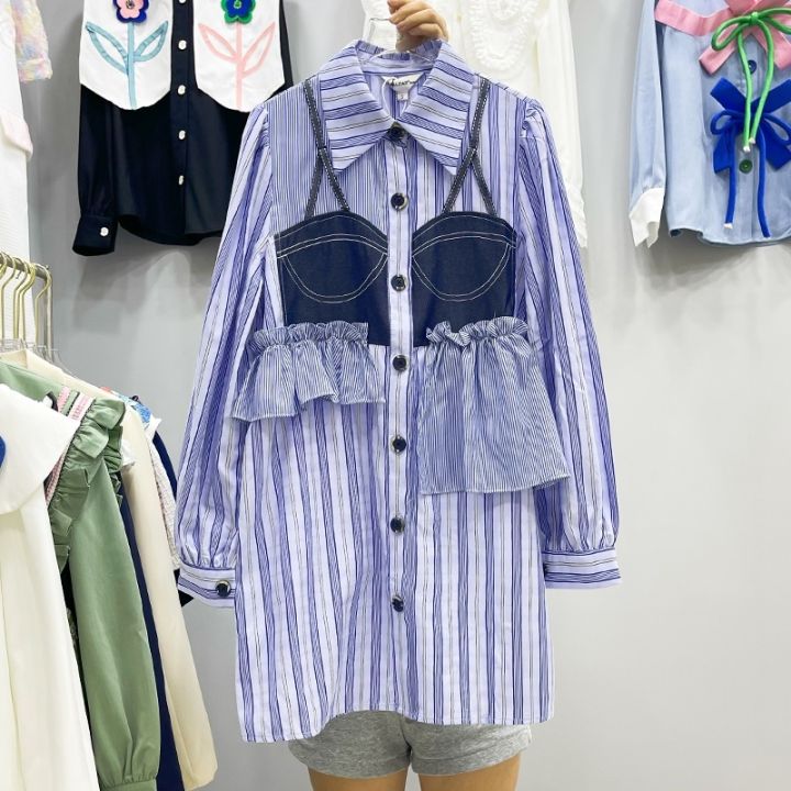 ชุดเดรสผู้หญิง-เดรส-ชุดเดรส-dress-เดรสผู้หญิง-ชุดเดรสสวยๆหรู-mansa-blue-striped-ruffle-dress-ชุดเกาหลี-เสื้อผ้าแฟชั่นผู้หญิง-เดรสแขนยาว