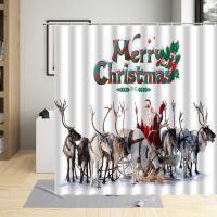 Merry Christmas Shower Curtain Set Elk Animal Santa Claus Cute Cat Dog Christmas Decor Cloth Bathroom Hanging Curtains Polyester