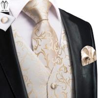 Hi-Tie 100 Silk Ivory Beige Champagne Gold Mens Vests Tie Hankerchief Cufflinks Set Jacquard Vine Waistcoat for Men Suit Dress