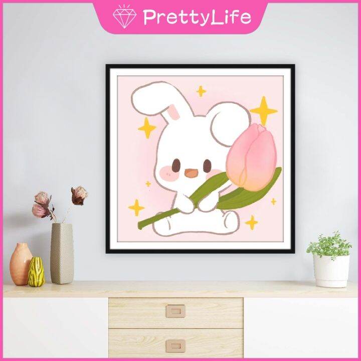 pl-cute-bunny-5d-diy-ภาพวาดเพชร-animal-wall-art-สำหรับตกแต่งบ้าน40x40cm