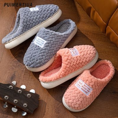Casual Winter Warm Cotton Slippers Women Men Home Shoes Simple Thick Sole Non-Slip Indoor Slides Corduroy Couple Slipper Female