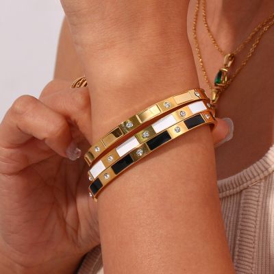 【YF】 Black White Enamel Square Round Zircon Stone Filled Cuff Bangles For Women Fashion Gold Plated  Stainless Steel Bracelets