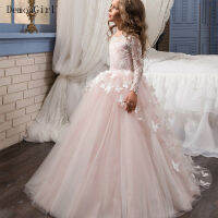 Fancy Flower Girl Dress Long Sleeves Butterfly Pink Mesh Ball Gowns Kids Holy Communion Dresses 1-14 Years