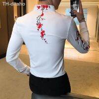 ┇♨❍ White/Black Sleeve Embroidery Shirts Men 2023 Streetwear Night Prom Blouse Homme 3XL-M