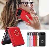 Leather Ring Holder Case For Samsung Galaxy Z Flip 5 4 3, Shockproof Cover, 360° Rotating Ring Buckle, Red