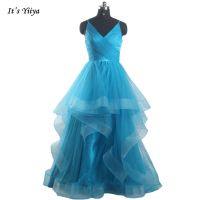 Sky Blue Evening Dresses V-neck Strapless Sleeveless Lace up Pleat Tiered A-line Floor Length Plus size Women Party Dress E1004