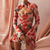 Simon Satin Cut Out Floral Print 2022 Spring Summer Bodycon Mini Dress Women Long Sleeveoomph Backless Party Night Dresses