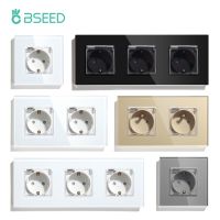 ▨ BSEED EU Standard Single Power Sockets With Waterproof Cover Double Wall Outlet Bathroom Triple Plugs 16A Crystal Panel 110-250V