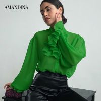 Amandina Luxe เสื้อเบลาส์ผ้าชีฟองมีกระดุมข้อมือแต่งโบว์สีเขียว