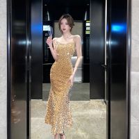 Aristocratic wind dress skirt shiny velvet sequined sexy evening wear condole belt dress long fishtail skirt