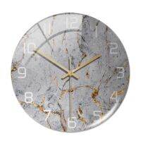 ZZOOI Acrylic Gray Marble Yellow Pattern Wall Adhesive Clock Metal Needle Silent Clock Mechanism Modern Living Room Home Decoration