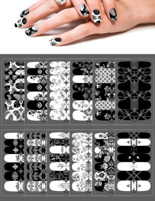 14tipssheet Toe Nail Stickers Black and White Series Waterproof Fashion Toe Nail Wraps Nail Art Stickers