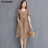 Cotton and linen A-line dress 2022 summer V-neck fashion temperament foreign style slimming waist trendy medium-length