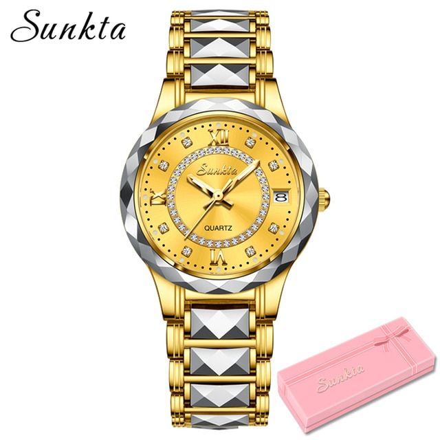 sunkta-นาฬิกาผู้หญิงหรูหรากระจกประดับพลอยไพลินวัสดุเหล็กทังสเตนกันน้ำนาฬิกาเพชรนาฬิกาผู้หญิงนาฬิกา-relogio-feminino