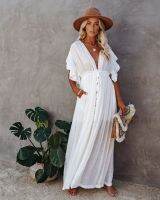 Beach Cover-Up Slubbed Fabric Button Pull Waist Strap Long Dress ชุดป้องกันแสงแดด