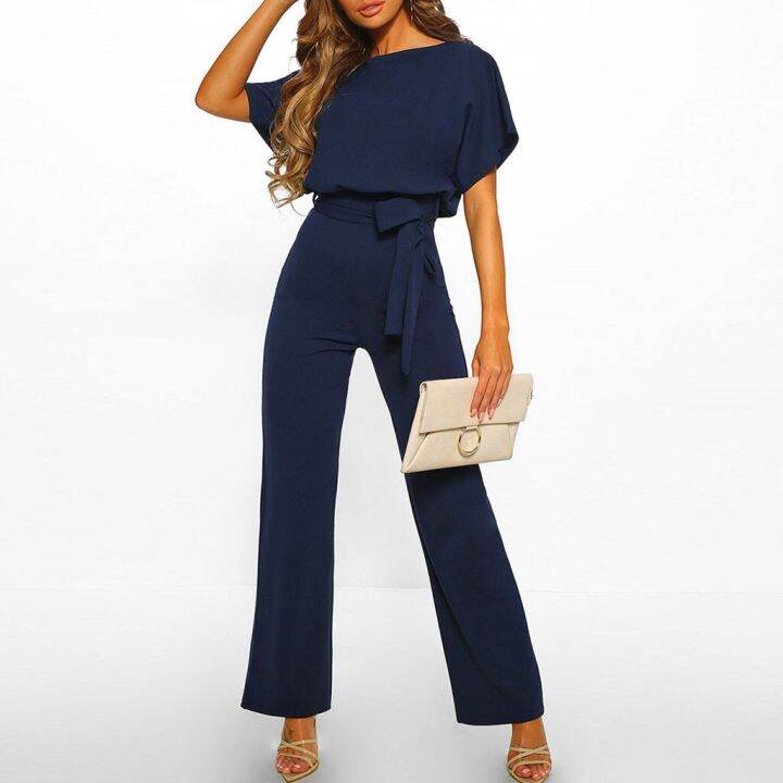 elegant-summer-jumpsuit-ผู้หญิงคอกลมขากว้าง-rompers-สีทึบลูกไม้ขึ้นปาร์ตี้-overalls-หญิงหลวม-ol-ทํางาน-playsuits