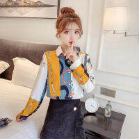 baju kurung moden Long-sleeved chiffon blouse ladies fashion wild sense of design Korean printing suit collar shirt