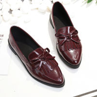 Tassel Bow Knot Women Oxfords Female Derby Leather Brand Casual Pointed Toe Slip On Flats Ladies Comfort Autumn Brogue Shoes