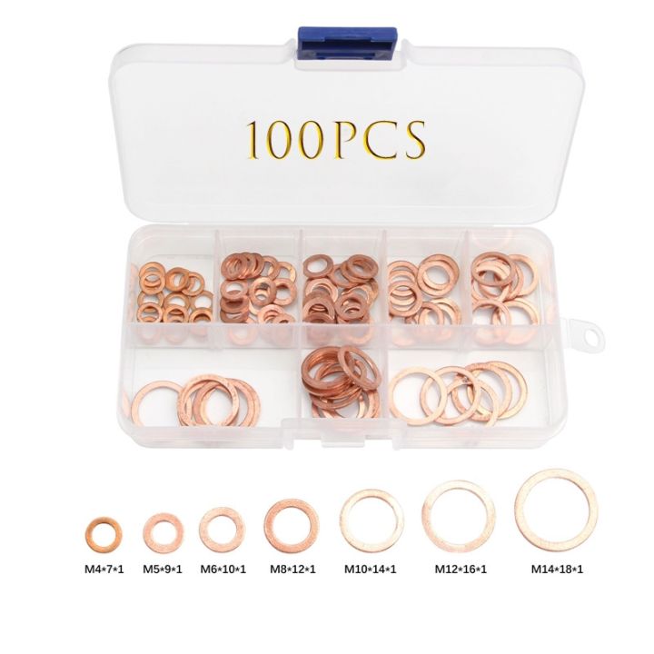 haotao-hardware-100-120-180-200pcs-ทองแดงเครื่องซักผ้าปะเก็น-flat-ring-seal-plain-spacer-เครื่องซักผ้า-fastener-พร้อมกล่อง-m4-m14สำหรับ-sump-plugs