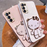 Folding Makeup Mirror Phone Case For OPPO Reno 5 Pro Reno 6 Pro Reno 6Z 5G  Case Fashion Cartoon Cute Cat Multifunctional Bracket Plating TPU Soft Cover Casing