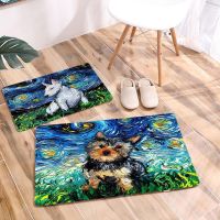 〖Cozyroom shop〗 Oil Painting Art Starry Sky Pet Dog Floor Door Mat Non Slip Decor Cartoon Animal Doormat Flannel Carpet for Children Room