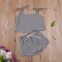 2PCS Baby Girls Summer Outfits, Sleeveless Backless Bow Tie Strap Plaid Print Camisole + Shorts Set Summer 2021  by Hs2023