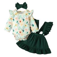 Infant Baby Girls 3 Pieces Outfits, Leaves Floral Print Long Sleeve Romper + Solid Color Ruffles Strap Skirt + Headband Set  by Hs2023