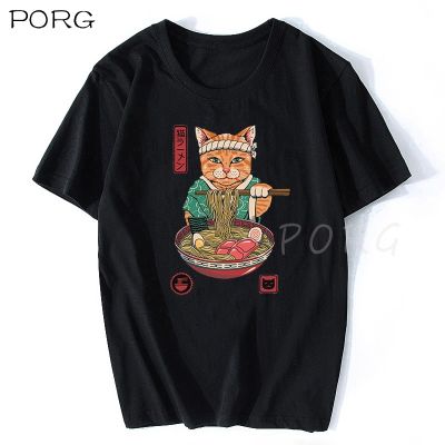 Anime Neko Ramen T-shirt For Men Classic Japanese Cat Design Shirt Cotton High Quality Streetwear 100% Cotton Gildan