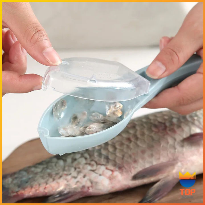 top-ที่ขูดถอดเกล็ดปลา-อุปกรณ์ครัว-มีกล่องเก็บเกล็ดปลาไม่ให้เลอะ-ของใช้ภายในครัว-fish-scale-scraper