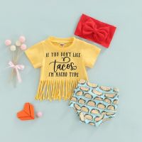 FOCUSNORM 3pcs Newborn Baby Girls Boys Clothes Sets 0-24M Letter Short Sleeve Tassel T Shirts+Printed Shorts Headband  by Hs2023