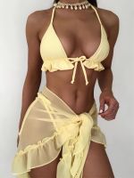 3 Pieces Ruffle Bikini Women Sexy Swimwear Female Strape Swimsuit Padded Beachwear Bathers Solid Cover Up Bathing Swimming Suit