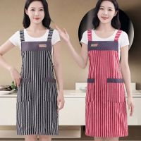 Pure Cotton Fashion Simple Striped Apron Womens Breathable Oil-proof Kitchen Cooking Cleaning Waist Catering Work Clothes