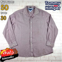 Tommy Hilfiger®แท้ อก 50 เสื้อเชิ้ตผู้ชาย ทอมมี่ ฮิลฟิกเกอร์ สีชมพูแดง เสื้อแขนยาว เนื้อผ้าดี