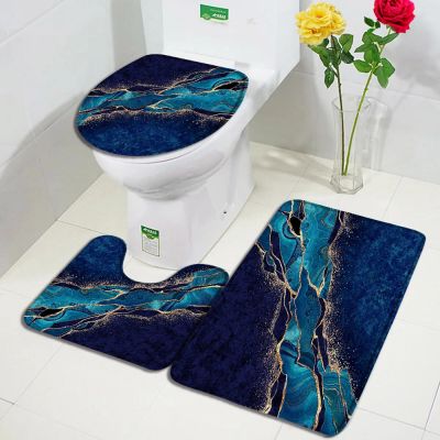 Abstract Blue Marble Bath Mats 3pcs Set Creative Gold Line Geometric Flannel Carpet Bathroom Decor Rug Non-Slip Toilet Cover Mat