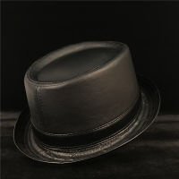 Men Balck Pork Pie Hat For Dad Leather Fedora Hat Fashion Gentleman Flat Bowler Porkpie Top Hat Size S M L XL